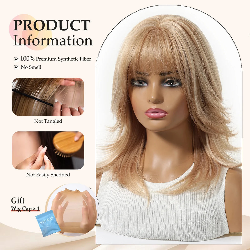 EASIHAIR Medium Length Wavy Blonde Synthetic Wig With Bangs For Women Natural Wigs Hair Heat Resistant Daily Party Cosplay Use - MERGE.DAY.1.FREESTYLE