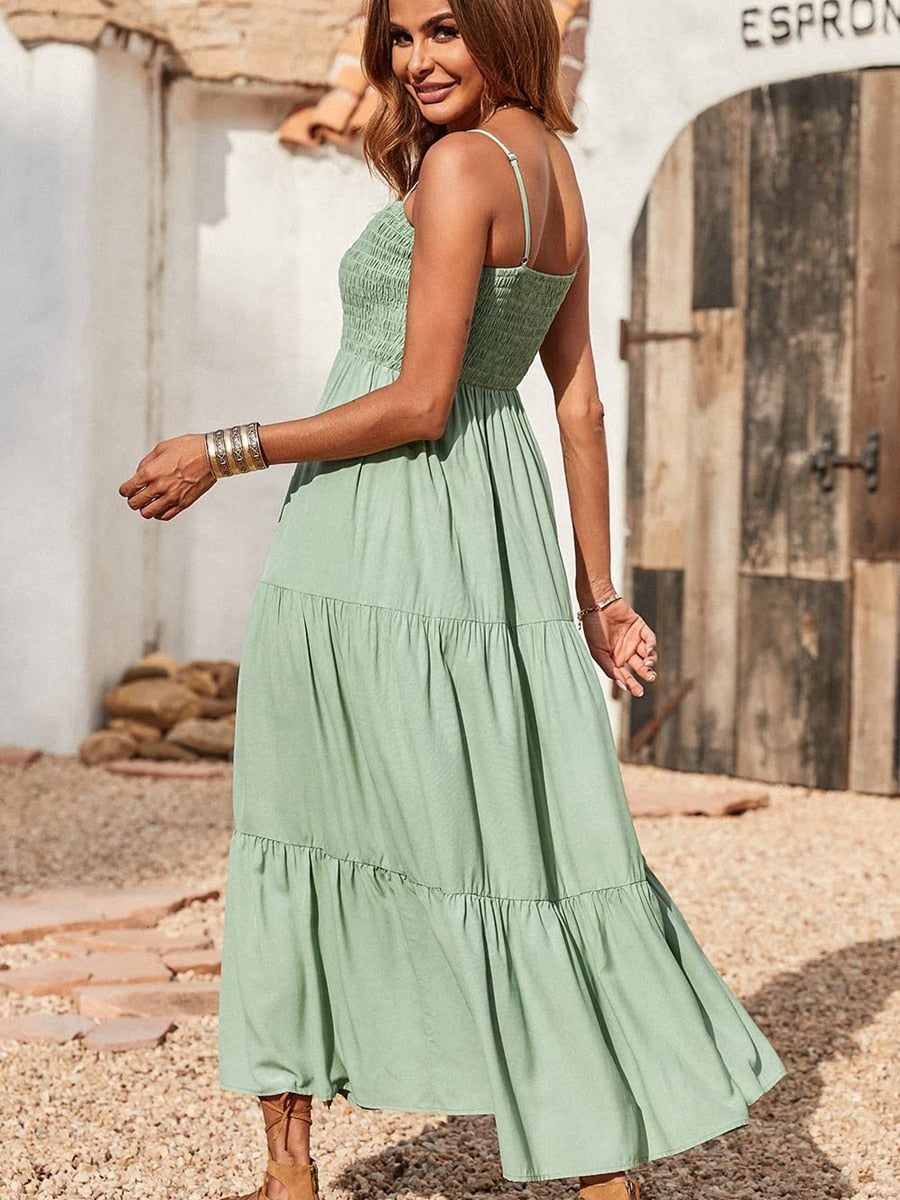 Spaghetti Strap Maxi Dress Women Summer Sleeveless Smocked Boho Long Beach Dress Sundresses - MERGE.DAY.1.FREESTYLE