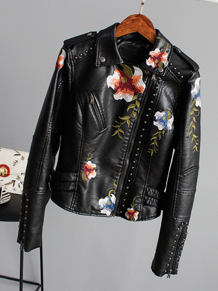 Floral Print Embroidery Faux Soft Leather Jacket Women Pu Motorcycle Coat - MERGE.DAY.1.FREESTYLE