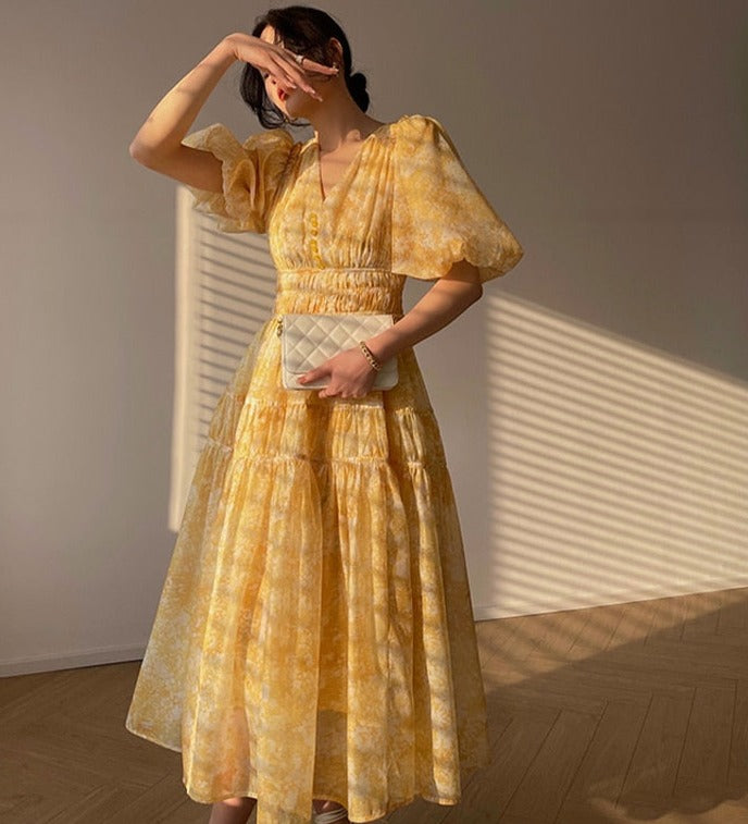 V-neck Elastic Waist Ladies Floral Printed Dress Spring Summer Vintage Puff - MERGE.DAY.1.FREESTYLE