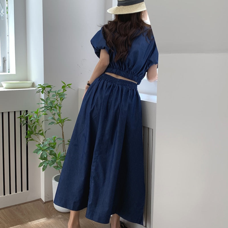 Women's Summer Cotton Denim Sets of Skirts Suit Chic Puff Sleeve Short Top with Umbrella Skirt - MERGE.DAY.1.FREESTYLE