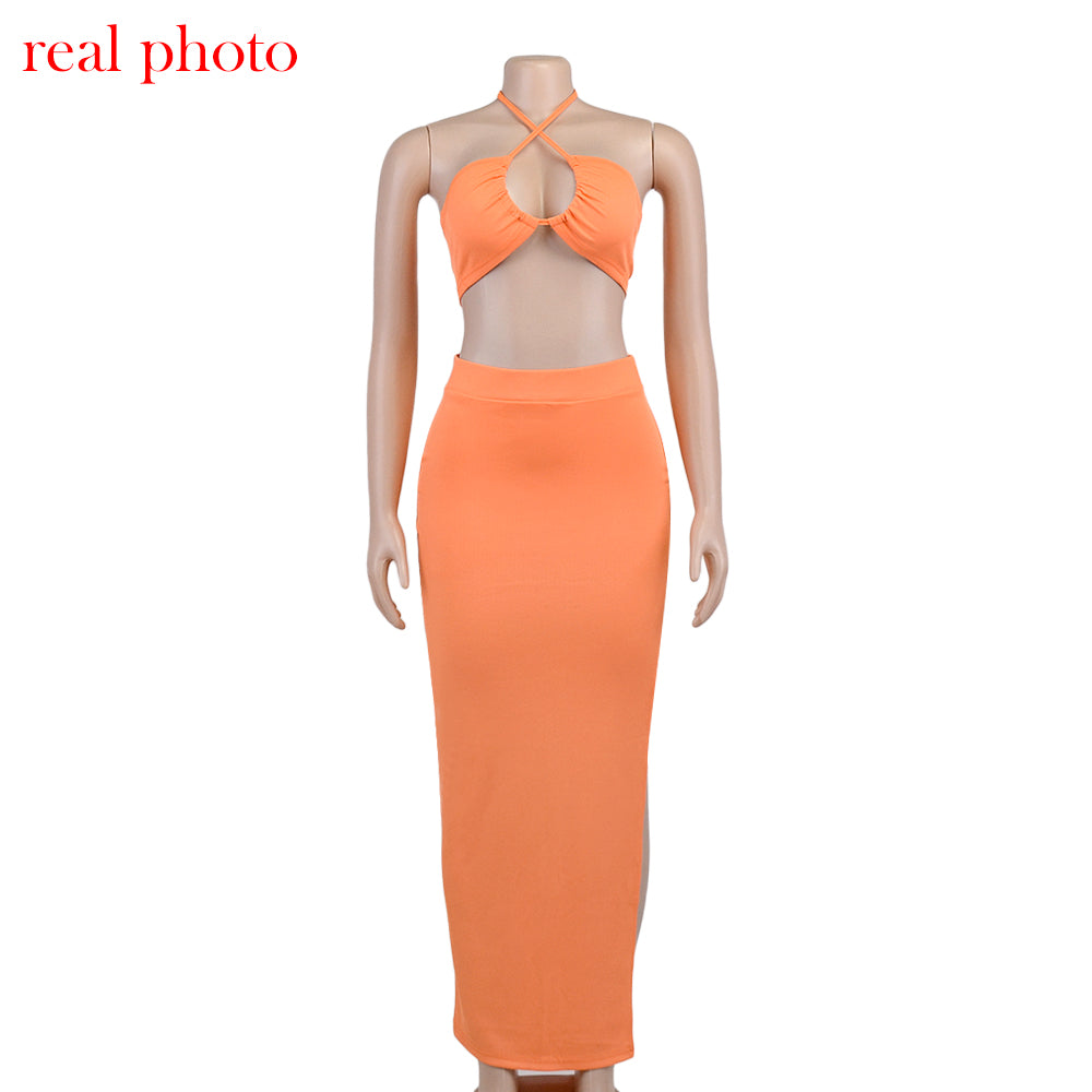 Cryptographic Bandage Cut Out Sexy Halter Neck Top and Skirts Set Gathered Elegant - MERGE.DAY.1.FREESTYLE