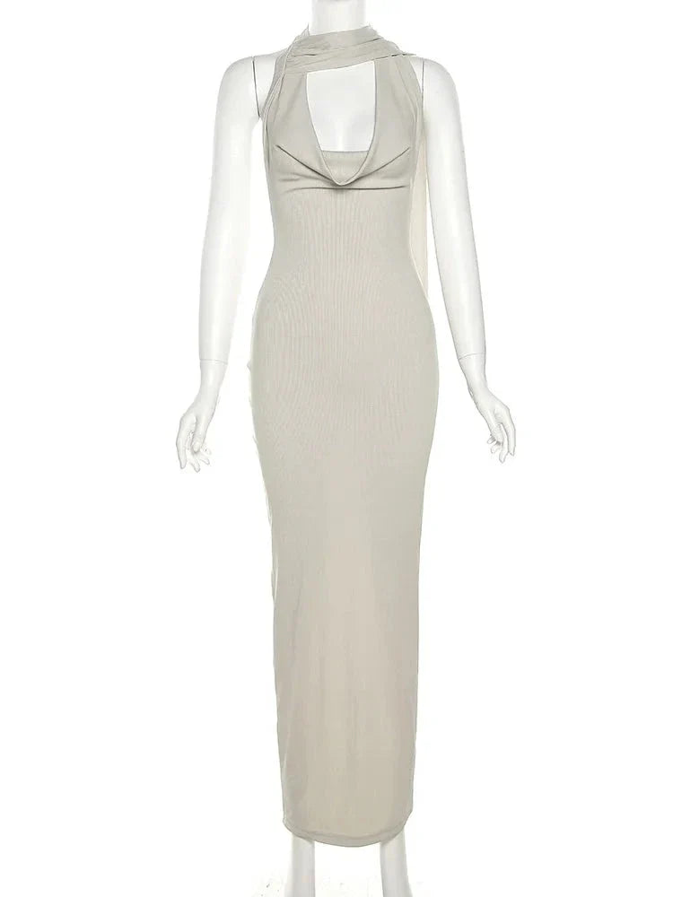 Backless Halter Evening Dress With Scarf Hollow Back Split Skinny - MERGE.DAY.1.FREESTYLE