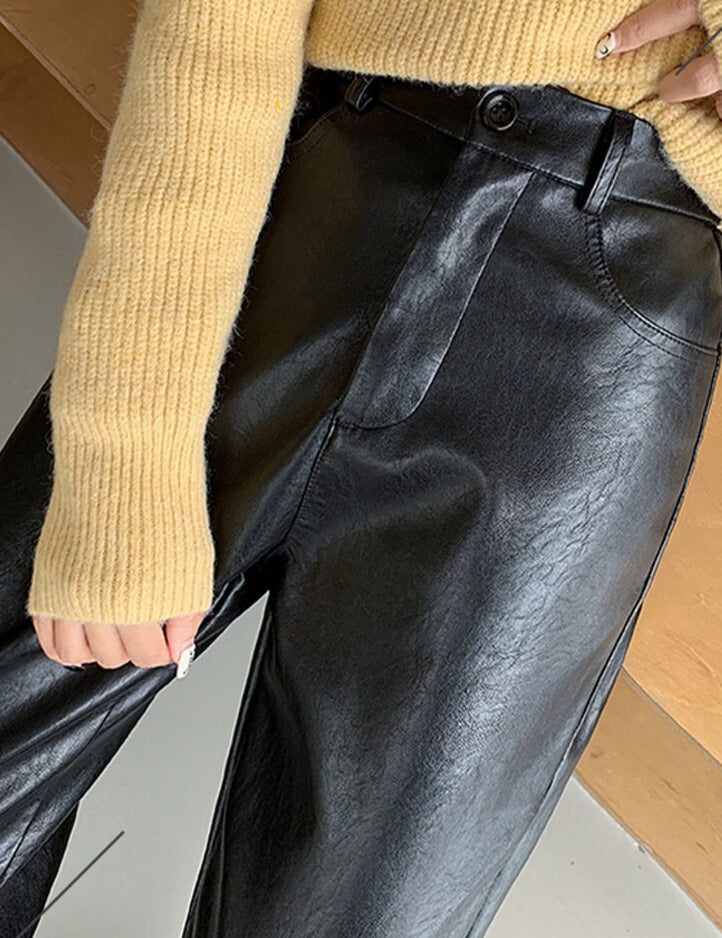 Spring Autumn PU Leather Pants Women High Waist Pockets Faux Leather Harem Pants - MERGE.DAY.1.FREESTYLE
