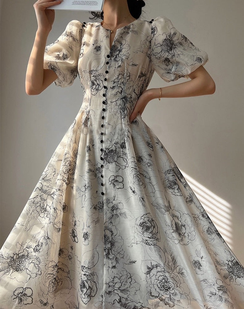 Vintage O-neck Single-breasted Summer Puff Sleeve Slim Women A-line Dress vestidos femme - MERGE.DAY.1.FREESTYLE