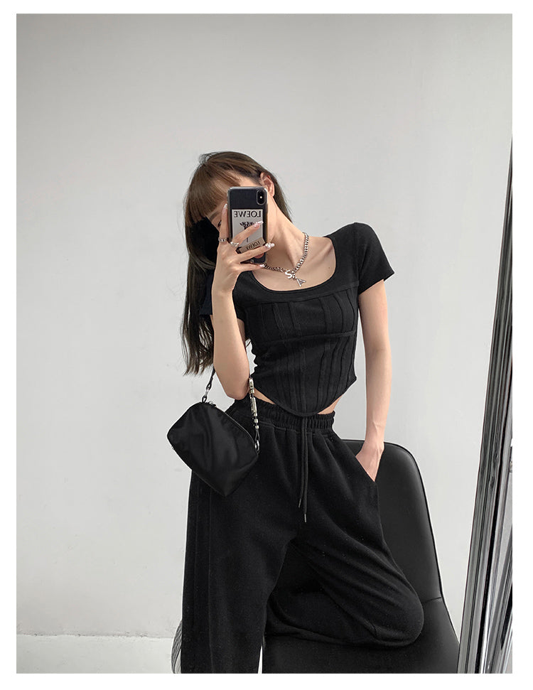 Summer Bright Line White T-shirt Women Slim Square Neck Short Sleeve Cropped Tops Female - MERGE.DAY.1.FREESTYLE