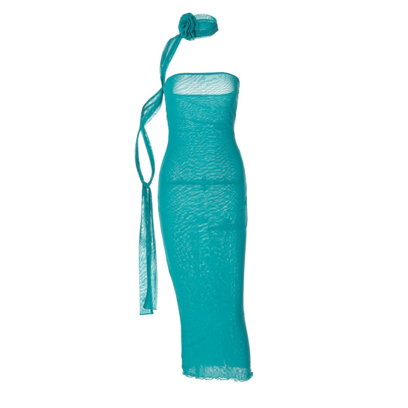 Mesh Flower Scarf Strapless Solid Elegant Sexy Bodycon Midi Prom Dress - MERGE.DAY.1.FREESTYLE