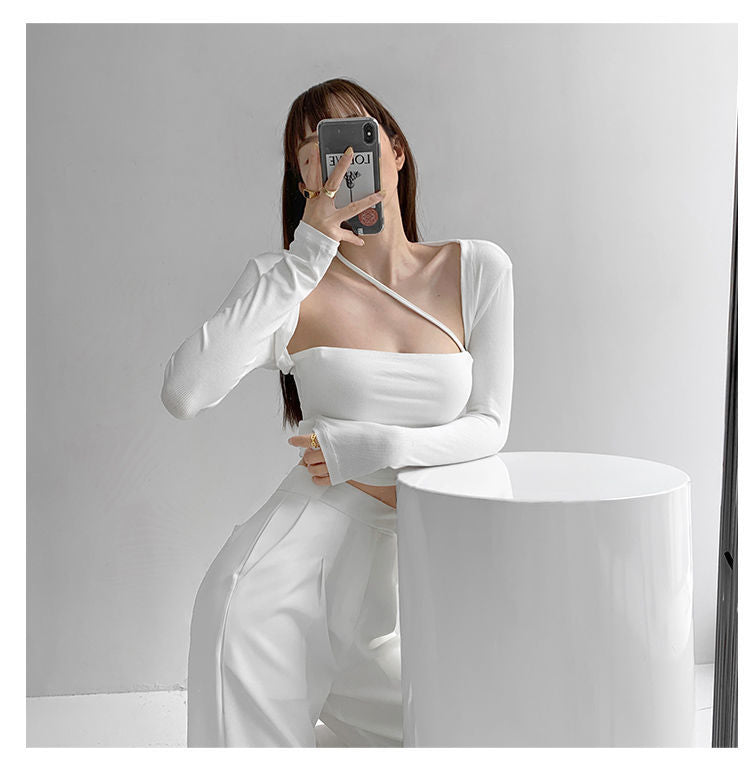 Cropped Tops Women Square Collar Slanted Shoulder Straps Halter Neck Long Sleeve T-shirt - MERGE.DAY.1.FREESTYLE