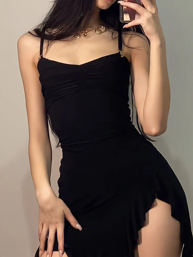 Sleeveless Strap Backless Folds Split Bodycon - MERGE.DAY.1.FREESTYLE