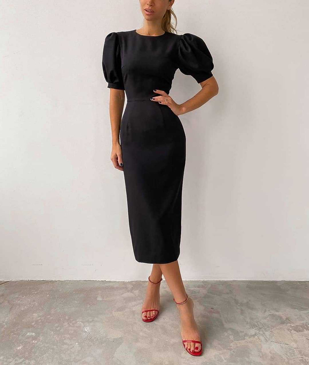 Summer Puff Short Sleeve Dress O-neck Office Lady Solid Color A-line Dress - MERGE.DAY.1.FREESTYLE