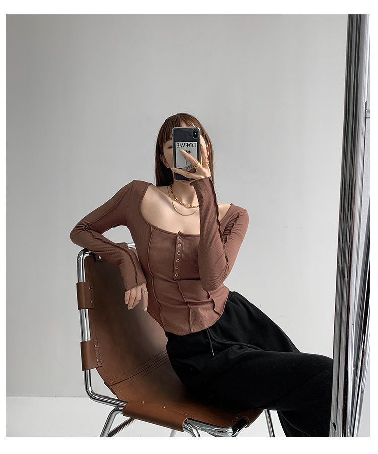 y2k Women T-shirt Single Breasted Long Sleeve Tees Patchwork Square Neck Cropped Tops - MERGE.DAY.1.FREESTYLE