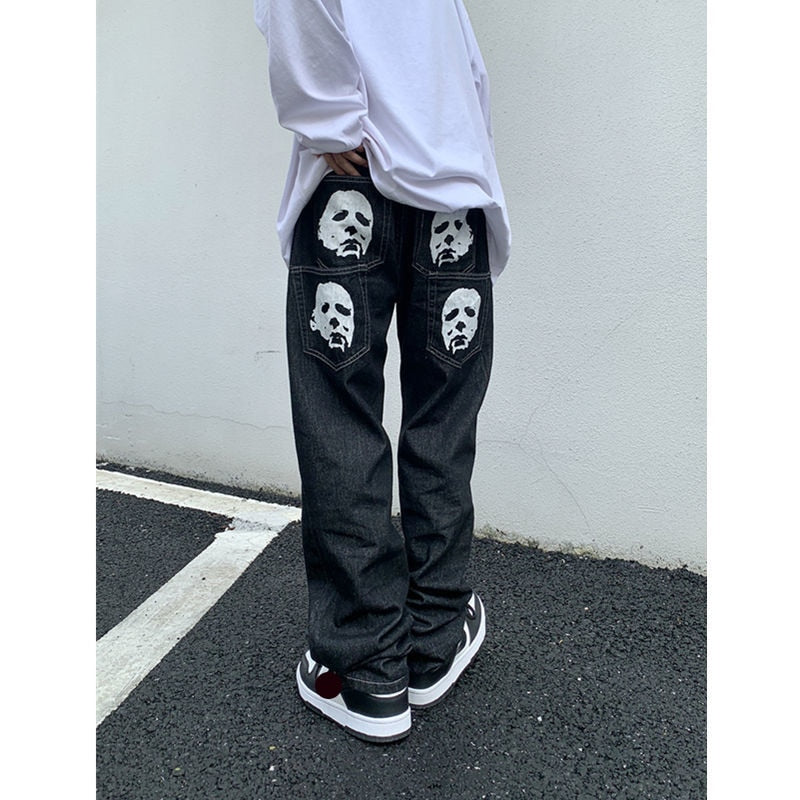 retro hip-hop letter embroidery jeans loose straight-leg pants wide-leg pants for men and women couples - MERGE.DAY.1.FREESTYLE