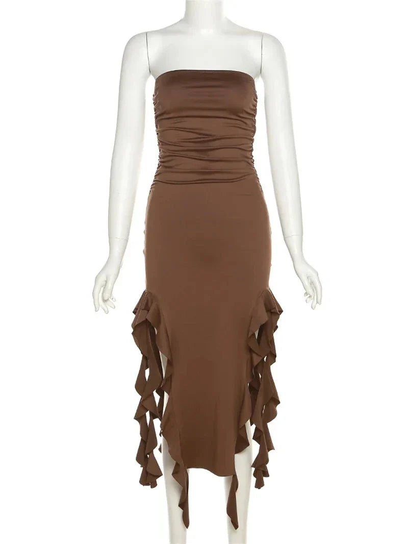 Elegant Strapless Dress Women Irregular Tassel Skinny Split Maxi Bodycon - MERGE.DAY.1.FREESTYLE