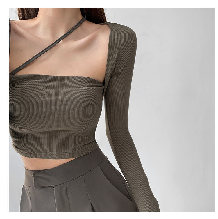 Cropped Tops Women Square Collar Slanted Shoulder Straps Halter Neck Long Sleeve T-shirt - MERGE.DAY.1.FREESTYLE