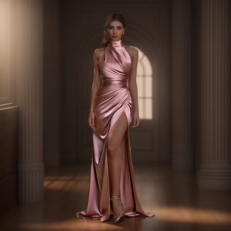 Satin Sleeveless Backless Halter Side Slit Sexy Elegant Maxi Dress - MERGE.DAY.1.FREESTYLE