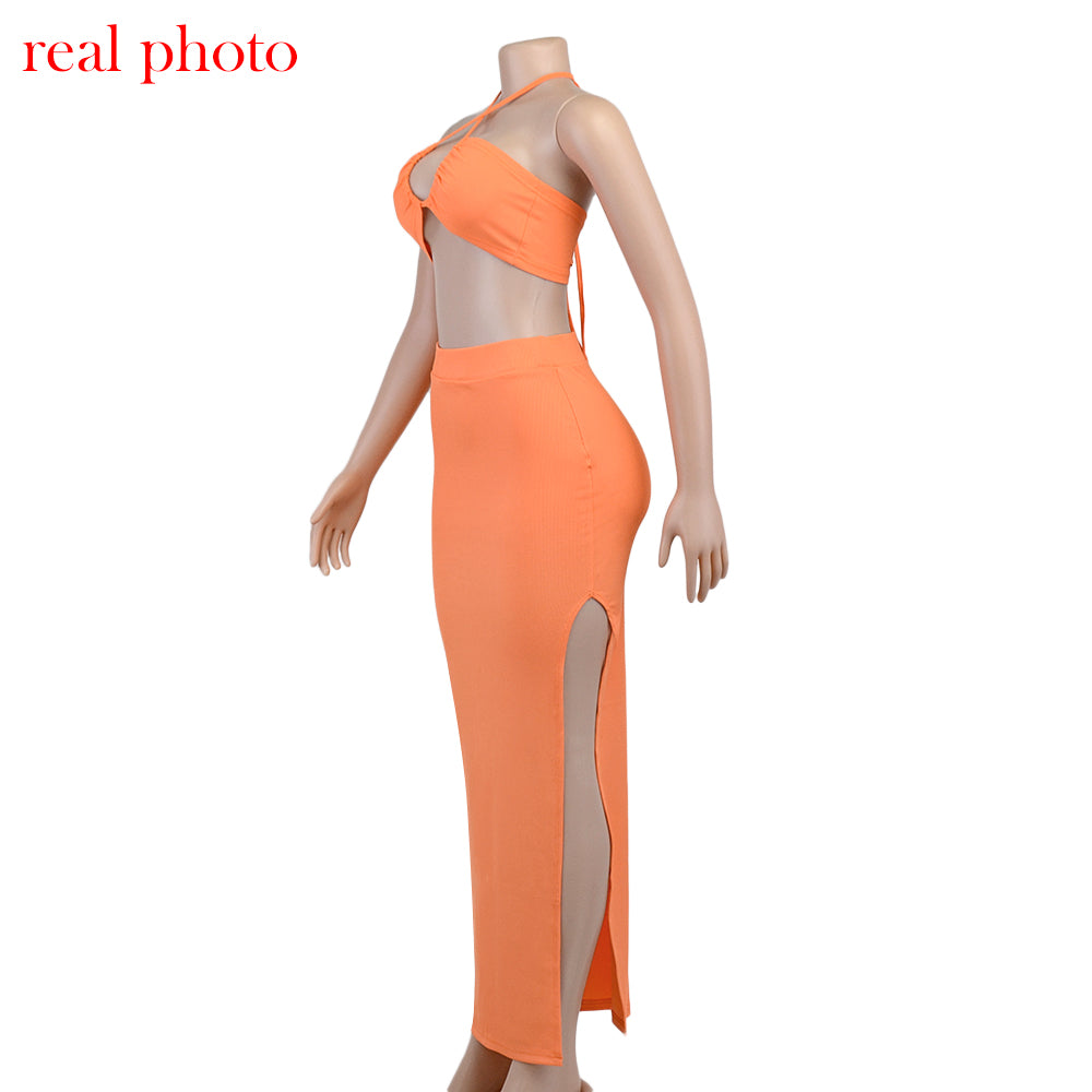 Cryptographic Bandage Cut Out Sexy Halter Neck Top and Skirts Set Gathered Elegant - MERGE.DAY.1.FREESTYLE