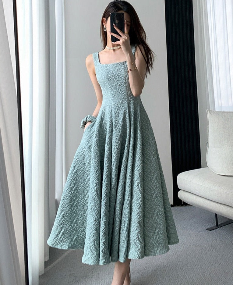 Vintage Square Collar A-line Dress Summer Sleeveless Slim Waist Female Midi Dress - MERGE.DAY.1.FREESTYLE
