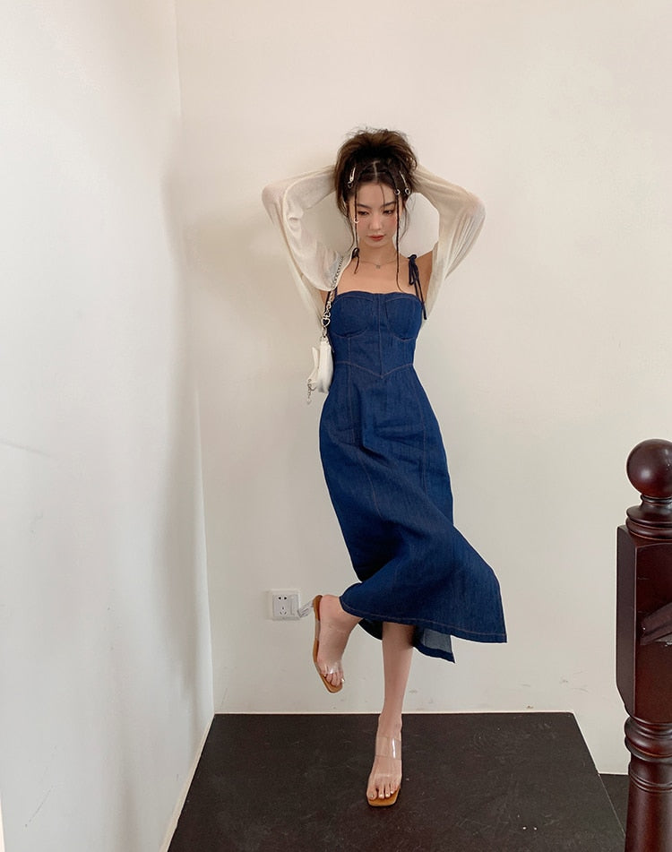 Summer Women Sexy Slip Denim Dress Strapless Lace-up High Waist Dress - MERGE.DAY.1.FREESTYLE