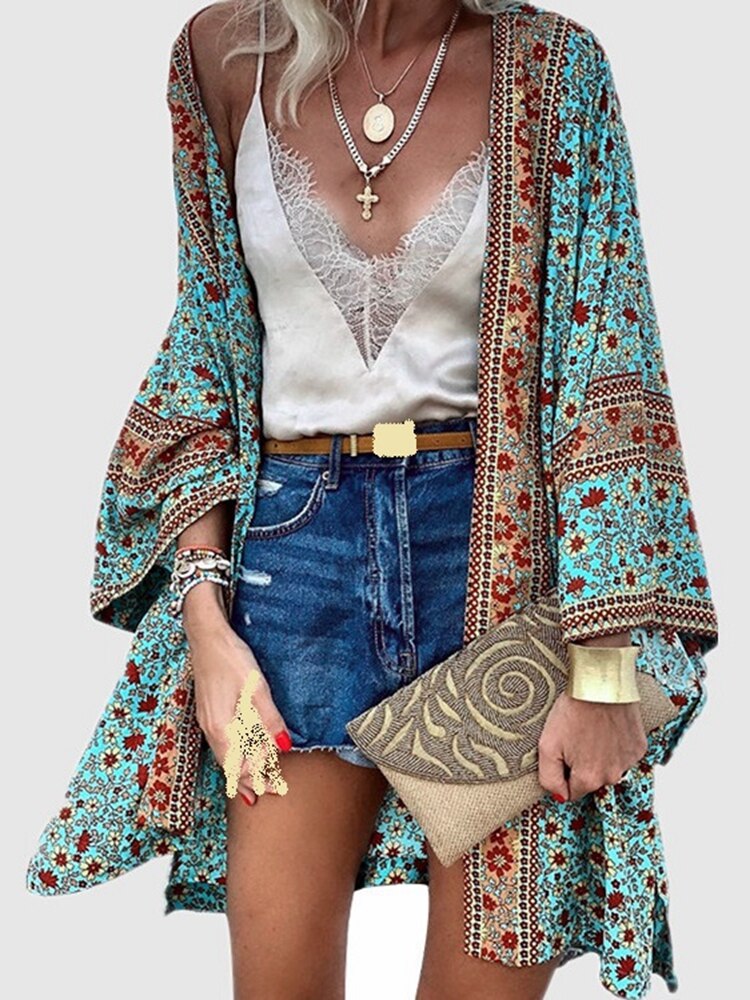 Cardigan Women Bohemian Floral Printed Blouse Open Front Loose Beach Tops Vintage Long Sleeve - MERGE.DAY.1.FREESTYLE