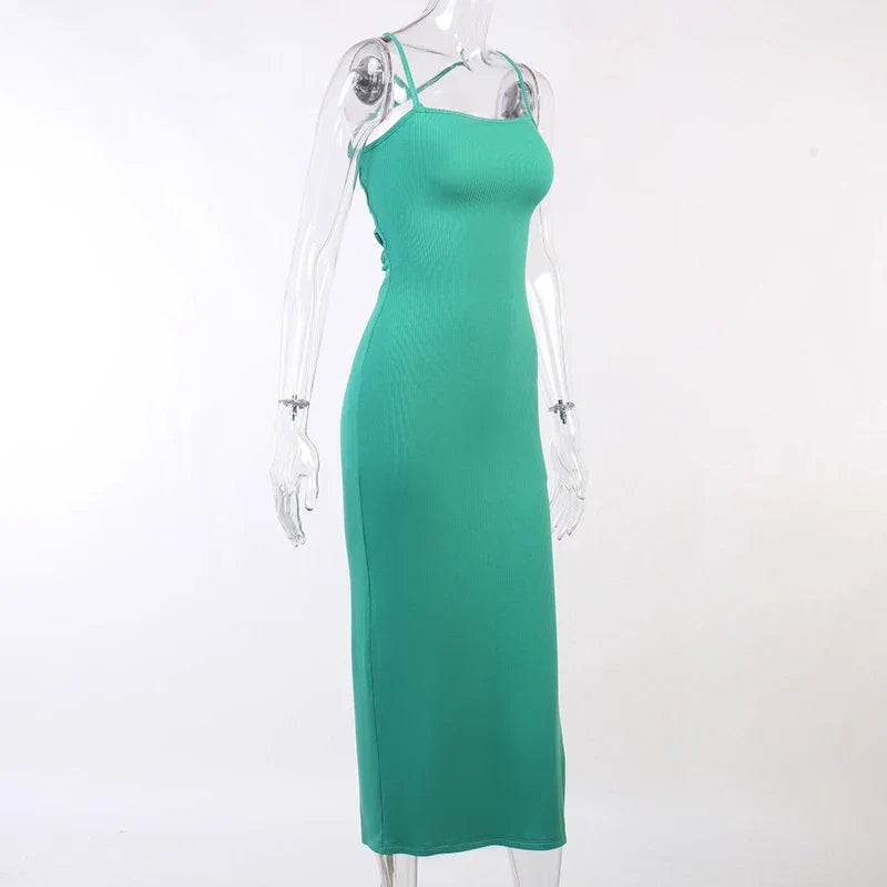 Backless Bandage Slit Dress Knitted Fabric Solid Color Strap Long Dress - MERGE.DAY.1.FREESTYLE