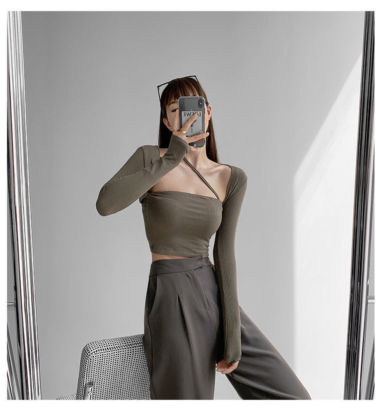 Cropped Tops Women Square Collar Slanted Shoulder Straps Halter Neck Long Sleeve T-shirt - MERGE.DAY.1.FREESTYLE