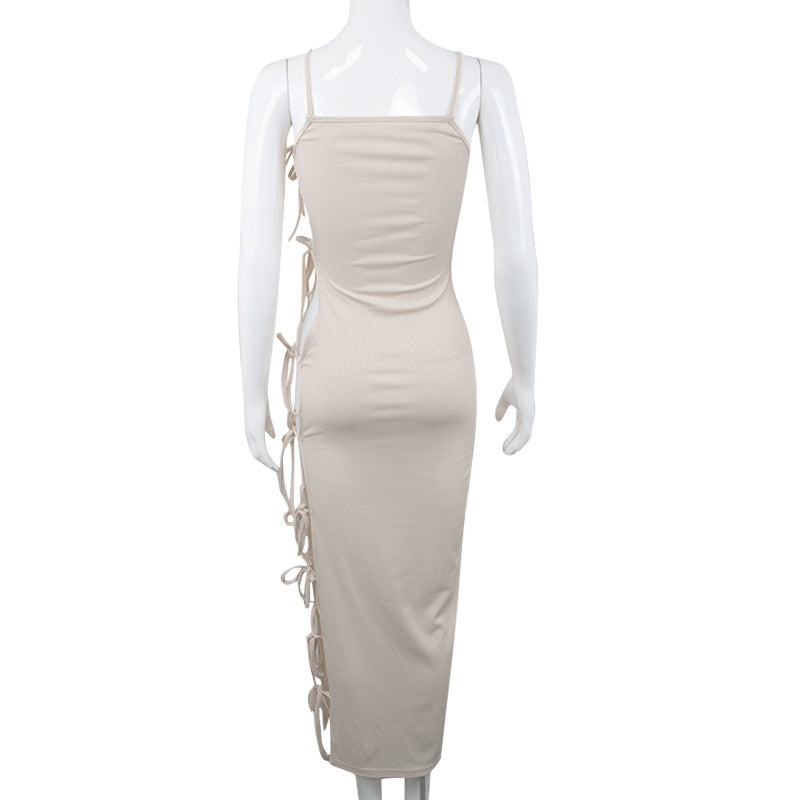 Side Hollow Out Bandage Long Dress Streetwear Beige Lace-up Sapghetti Strap Vestito - MERGE.DAY.1.FREESTYLE