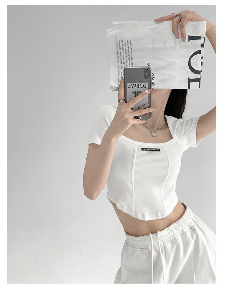 Curved Crop Tops Women Summer Square Collar Short Sleeve T-Shirt Fashion Slim Woman - MERGE.DAY.1.FREESTYLE