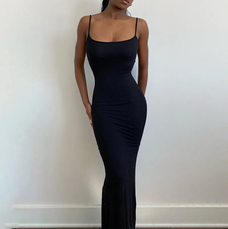 Spaghetti Strap Black Long Sleeveless Skinny Bodycon Dress Y2k - MERGE.DAY.1.FREESTYLE