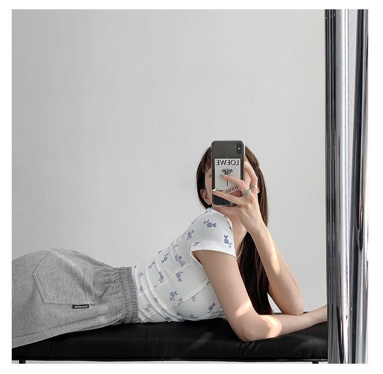 Summer Floral Cropped Top Women Slim Square Neck Short Sleeve White T-shirts Female - MERGE.DAY.1.FREESTYLE