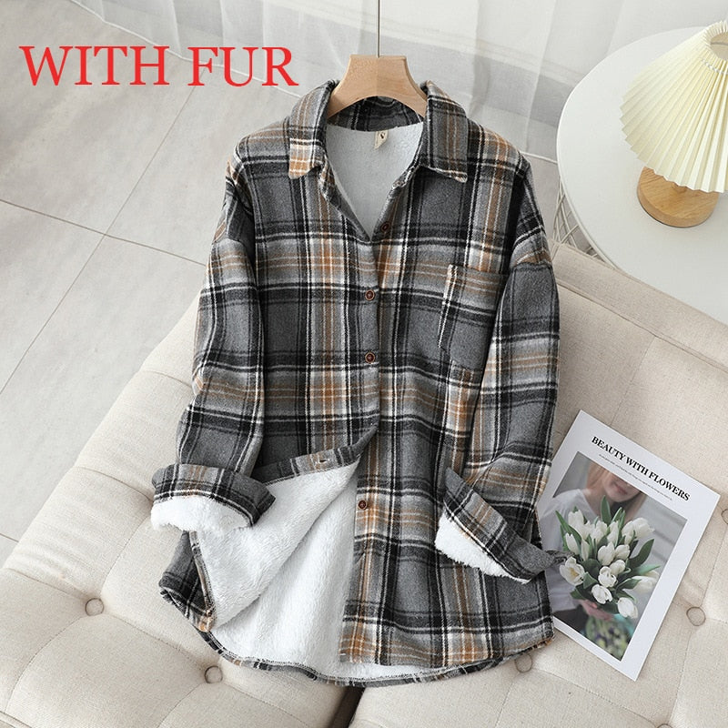Velvet Thicken Plaid Shirts Blouses Autumn Winter Warm Shirts - MERGE.DAY.1.FREESTYLE