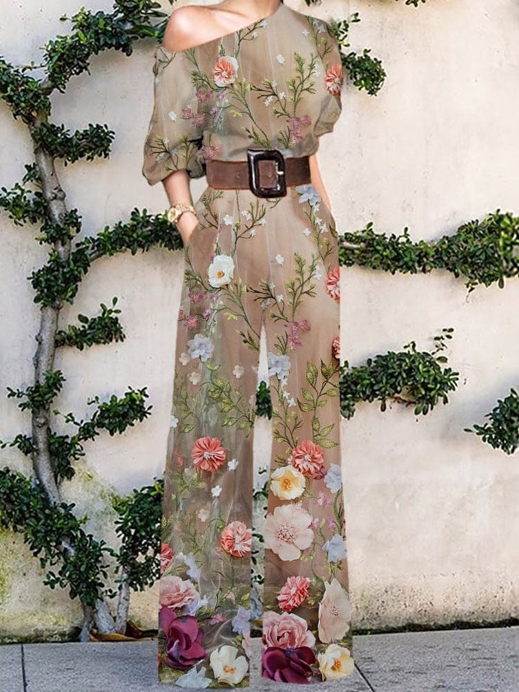 2022 Summer Pattern Print Jumpsuit Off Shoulder Romper Women Wide Leg Pant Playsuit - MERGE.DAY.1.FREESTYLE