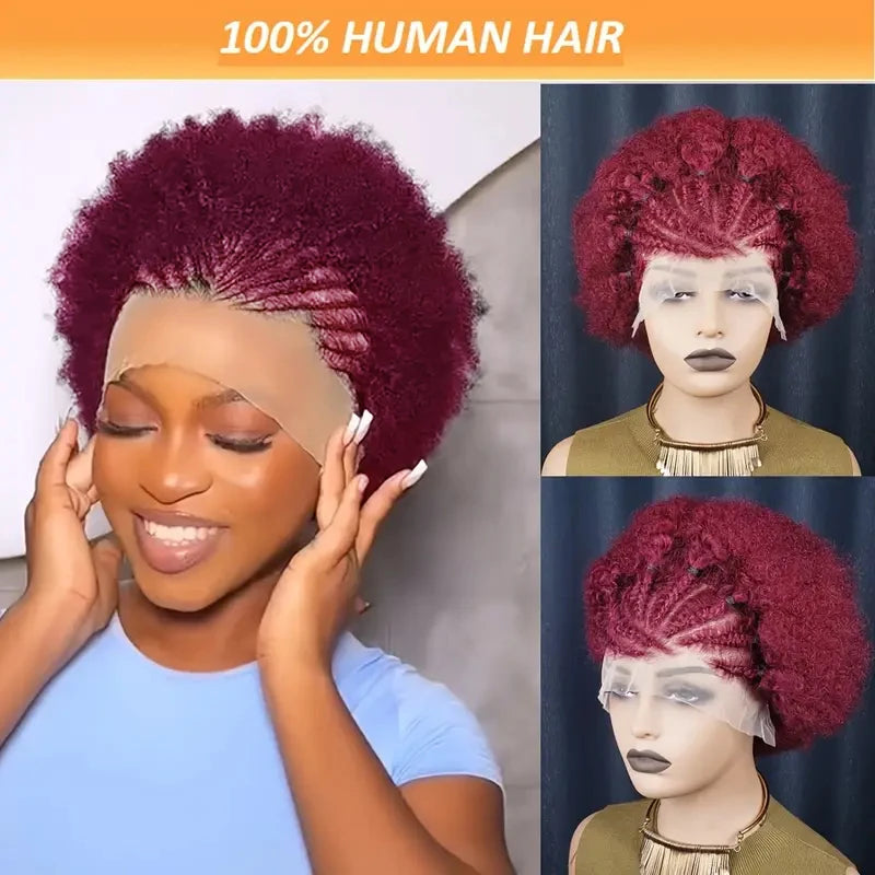 13x4 Short Afro Kinky Curly Bob Lace Front Braided Wigs for Black Women Curly Afro Puff Lace Frontal Wig Human Hair Brazilian - MERGE.DAY.1.FREESTYLE