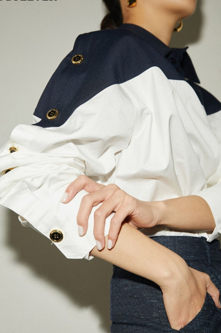Patchwork Lapel Women Shirts Long Sleeve Single-breasted Loose Female Blouses - MERGE.DAY.1.FREESTYLE