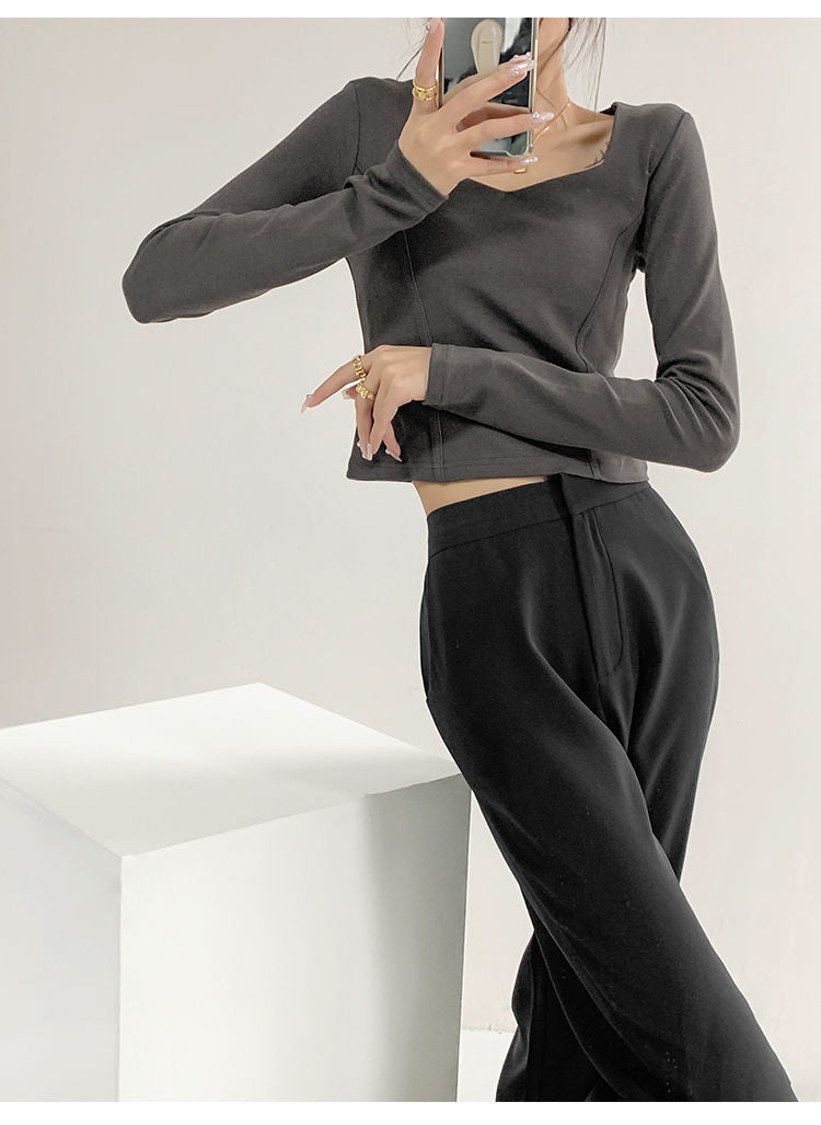 Fishbone Pattern Women's Long Sleeve T-shirt High Waist Slim Square Collar Tops Woman - MERGE.DAY.1.FREESTYLE