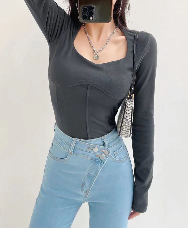 High Waist Cropped Tops Women Fashion Square Neck Long Sleeve T-Shirt Slim Basic Y2K Tees - MERGE.DAY.1.FREESTYLE