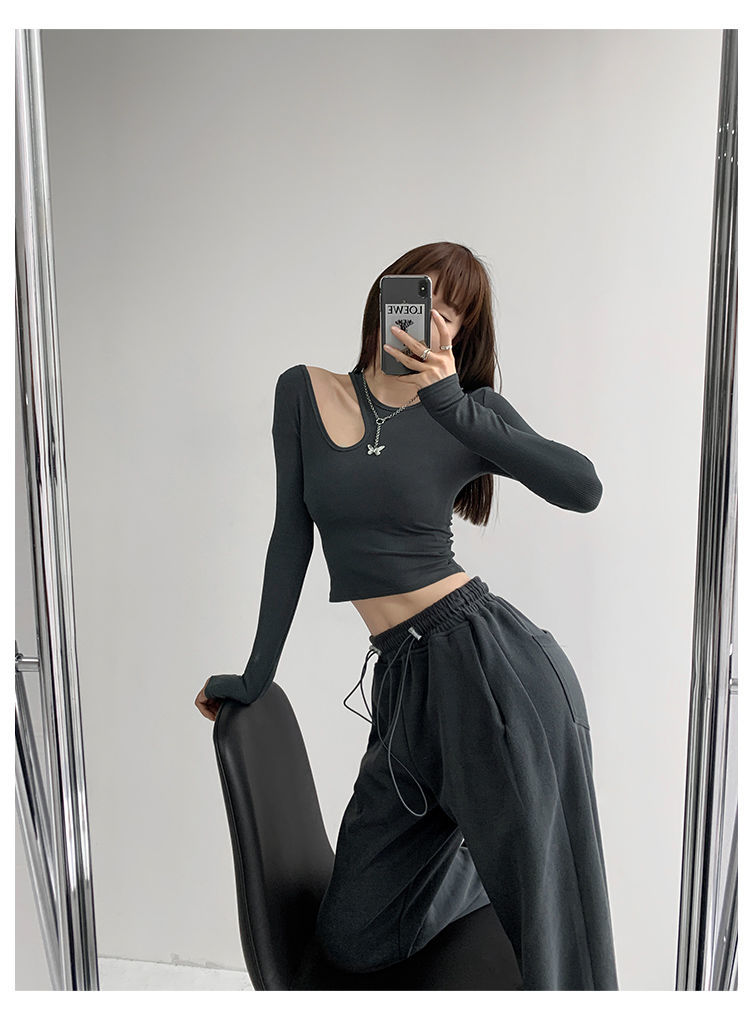 Hollow T-shirt Women Fashion Slim Y2K Cropped Tops Off Shoulder Long Sleeve Tees Woman - MERGE.DAY.1.FREESTYLE