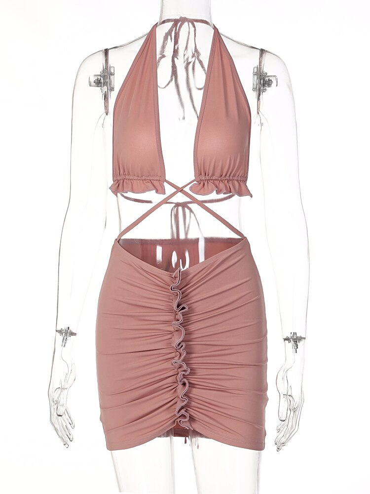 Ruffled Solid Halter Hollow Out Sleeveless Crop Top Pleated Skirts 2 Pieces Set - MERGE.DAY.1.FREESTYLE