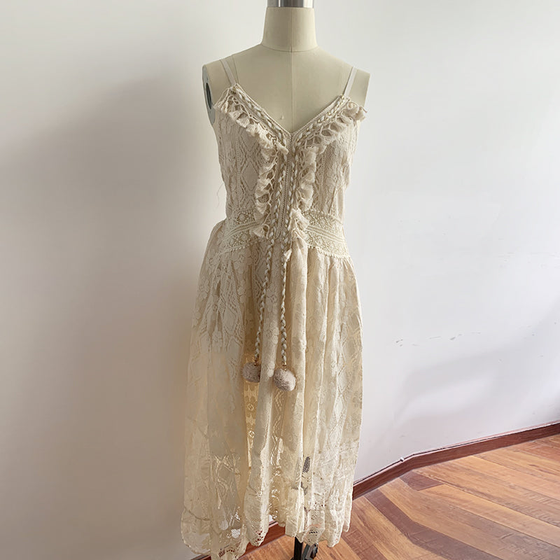 Women Dress Beach Style Elegant White Lace Spaghetti Srap Sundress Female Hollow Out Boho - MERGE.DAY.1.FREESTYLE