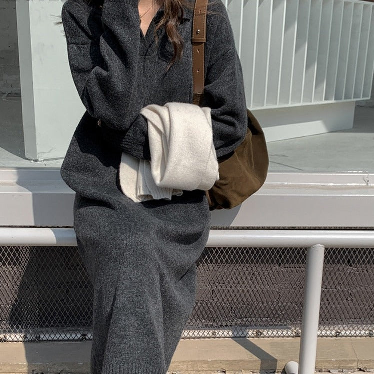 Lapel Full Sleeve Solid Long Knitted Dress Female vestidos - MERGE.DAY.1.FREESTYLE