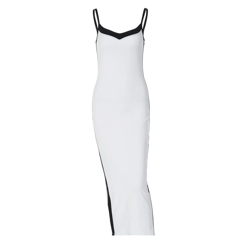 Color Bloack V Neck Sleeveless Slip Slit Sexy Bodycon Maxi Dress Y2K Outfit - MERGE.DAY.1.FREESTYLE