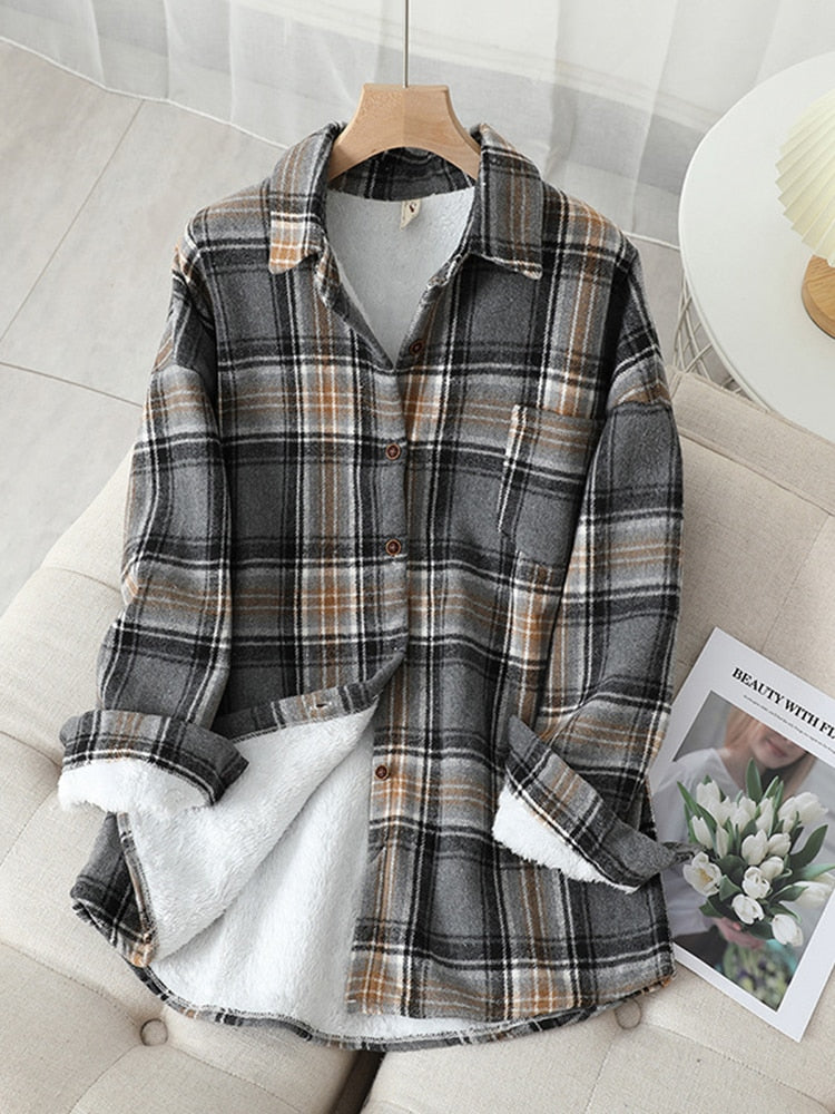 Velvet Thicken Plaid Shirts Blouses Autumn Winter Warm Shirts - MERGE.DAY.1.FREESTYLE
