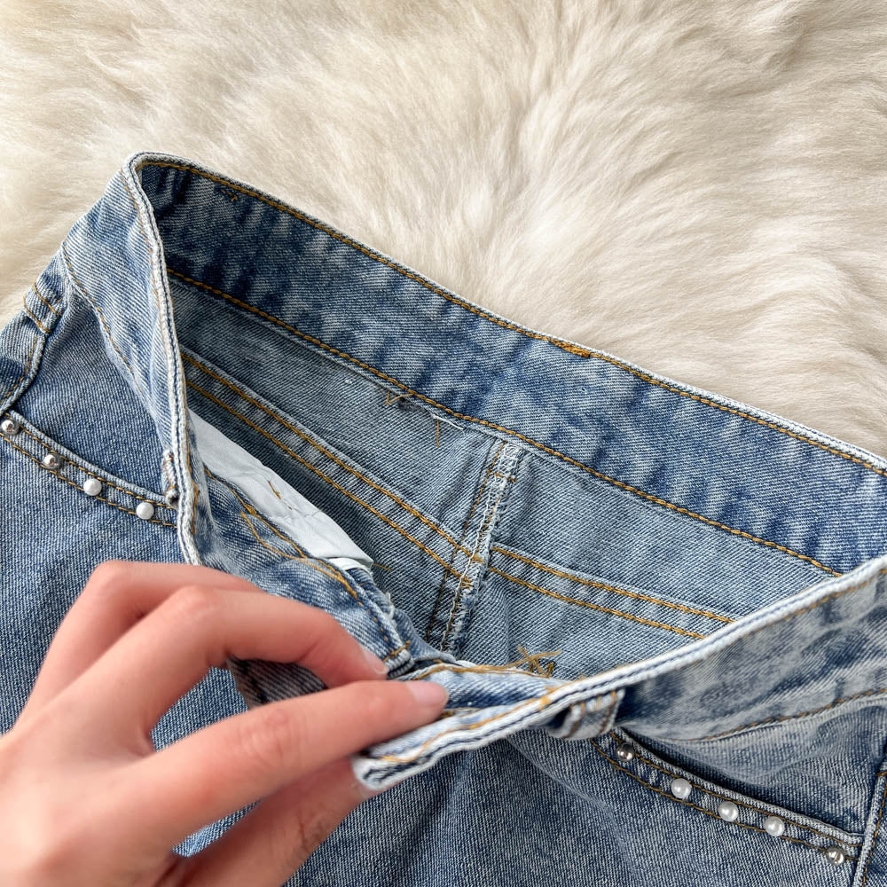 Beading Split Denim Skirts Women High Waist A-line Irregular Jeans Skirts - MERGE.DAY.1.FREESTYLE