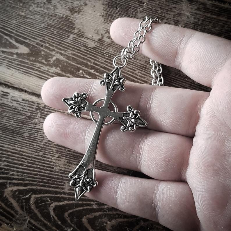 Large Detailed Cross Drill Pendant Necklace Silver Color Tone Gothic Punk Jewellery - MERGE.DAY.1.FREESTYLE