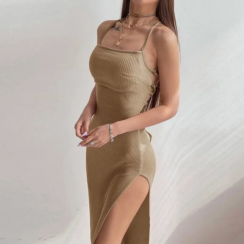 Backless Bandage Bodycon Halter Neck Split Party Dresses - MERGE.DAY.1.FREESTYLE