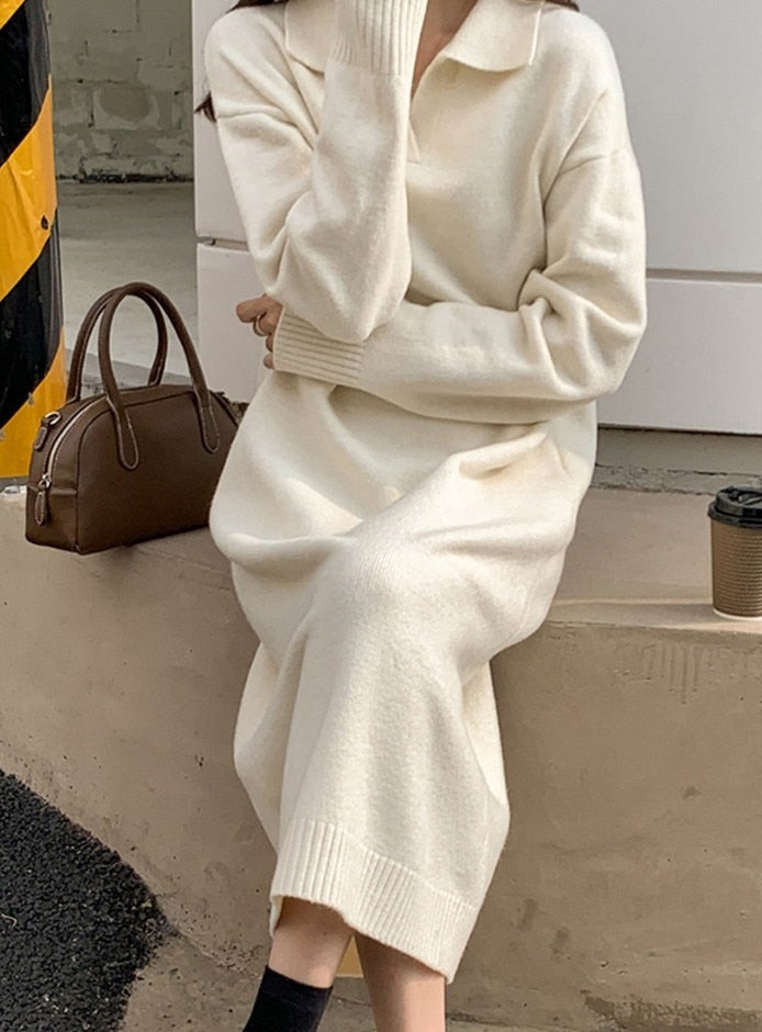 Lapel Full Sleeve Solid Long Knitted Dress Female vestidos - MERGE.DAY.1.FREESTYLE