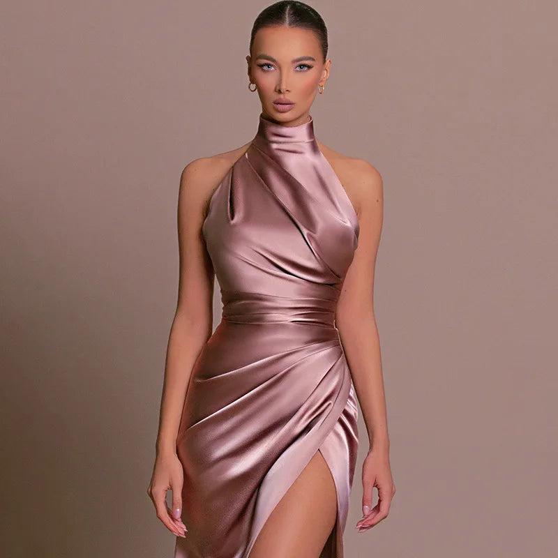 Satin Sleeveless Backless Halter Side Slit Sexy Elegant Maxi Dress - MERGE.DAY.1.FREESTYLE