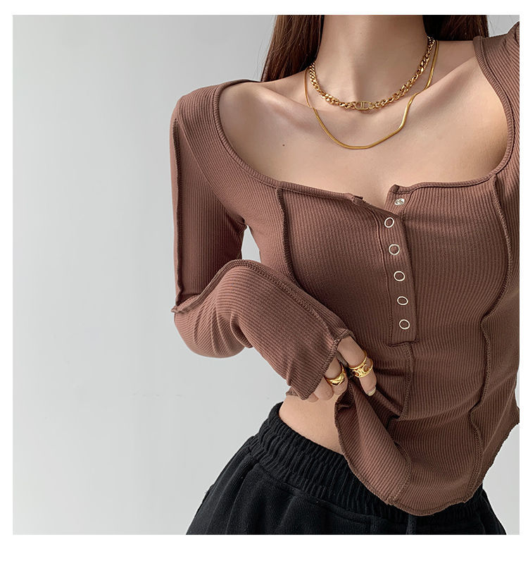 y2k Women T-shirt Single Breasted Long Sleeve Tees Patchwork Square Neck Cropped Tops - MERGE.DAY.1.FREESTYLE