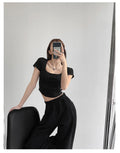 Vintaege Y2K Tops Women Summer Square Collar Short Sleeve T-shirt Fishbone Line Slim Crop - MERGE.DAY.1.FREESTYLE