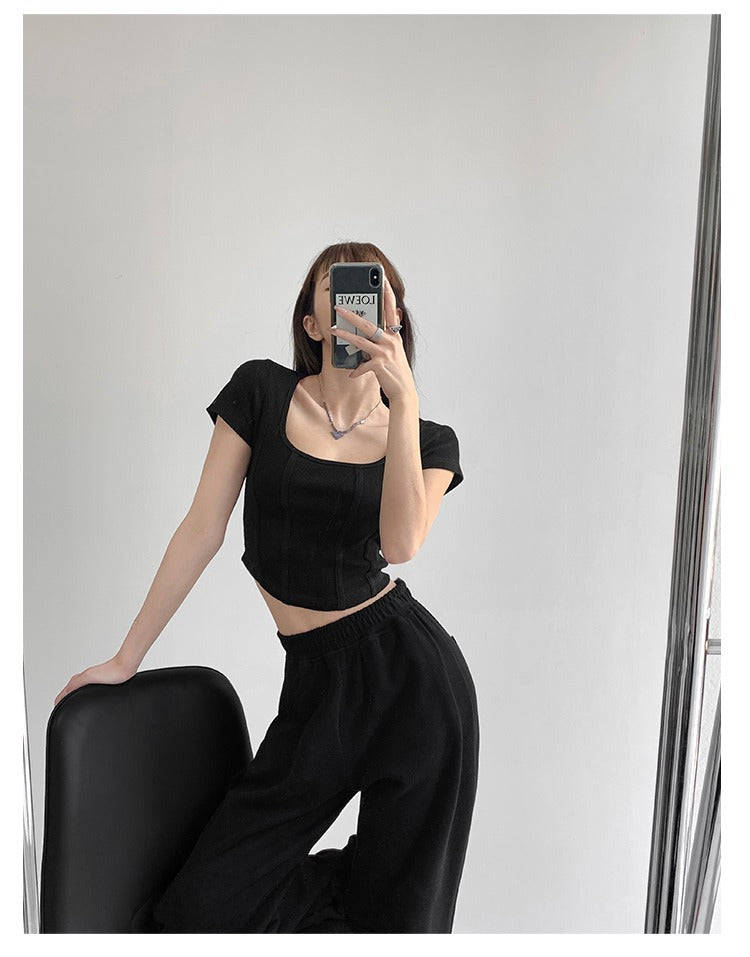 Vintaege Y2K Tops Women Summer Square Collar Short Sleeve T-shirt Fishbone Line Slim Crop - MERGE.DAY.1.FREESTYLE