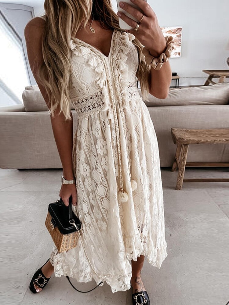 Women Dress Beach Style Elegant White Lace Spaghetti Srap Sundress Female Hollow Out Boho - MERGE.DAY.1.FREESTYLE